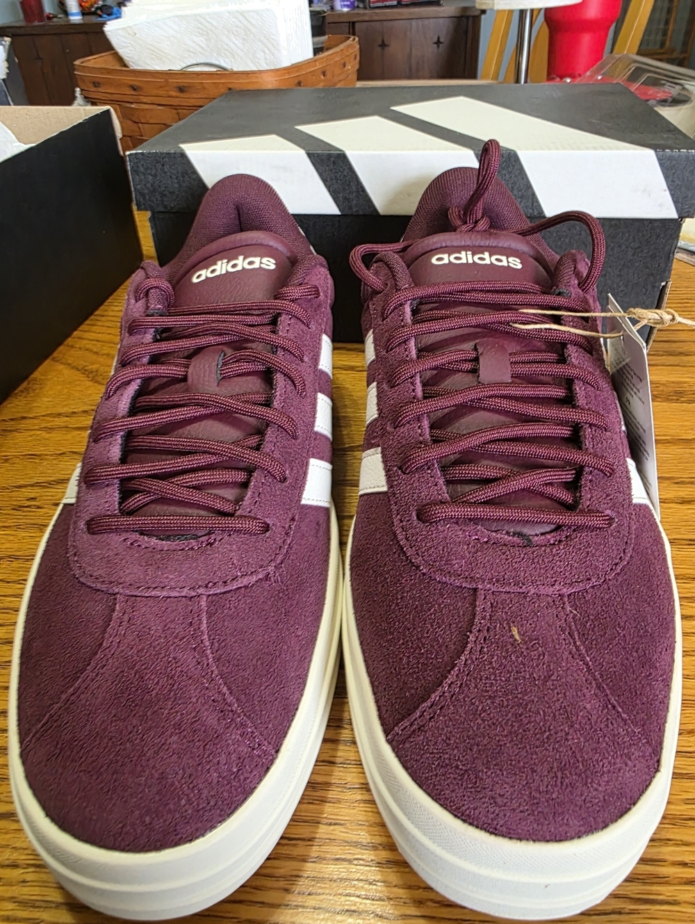 adidas VL Court Bold Size 7.5 Womens Maroon Suede Sneakers with White Stripes